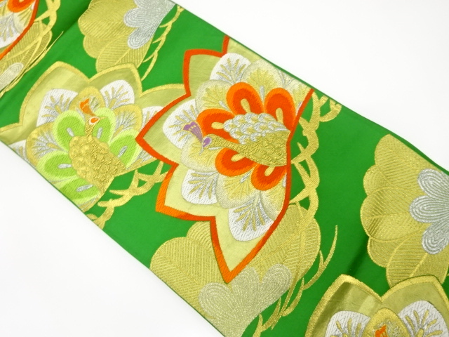 JAPANESE KIMONO / ANTIQUE FUKURO OBI / WOVEN PINE & PEACOCK